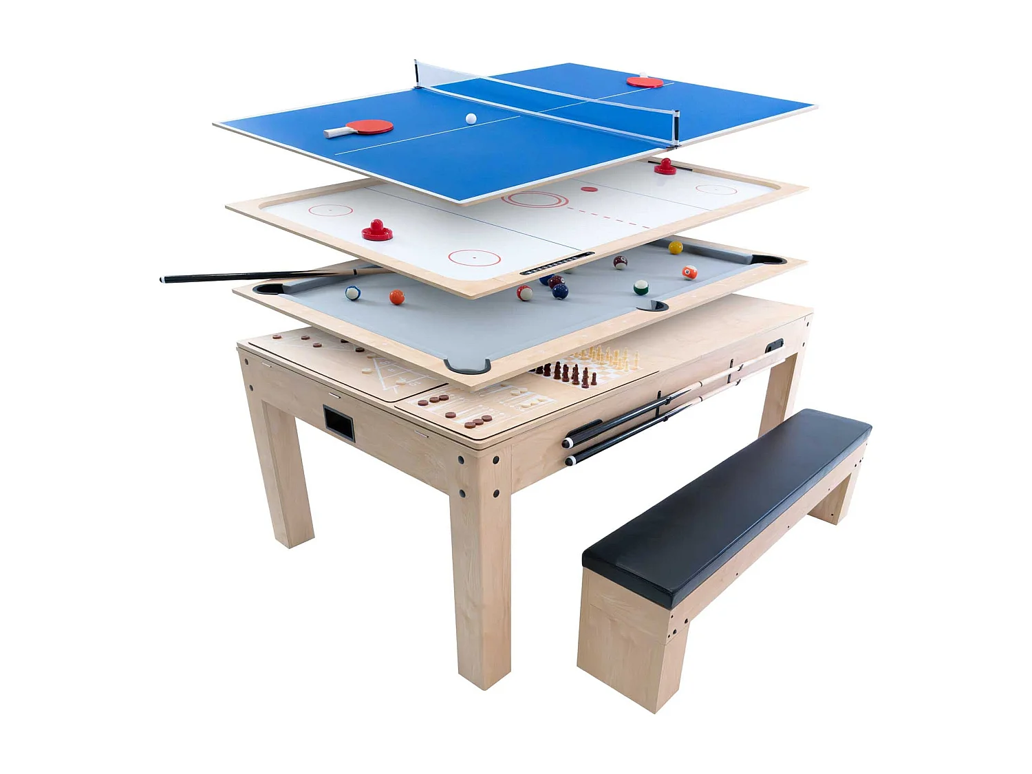 Mesa Multijuego 7 en 1 Billar Ping Pong Air Hockey Ajedrez con Accesorios