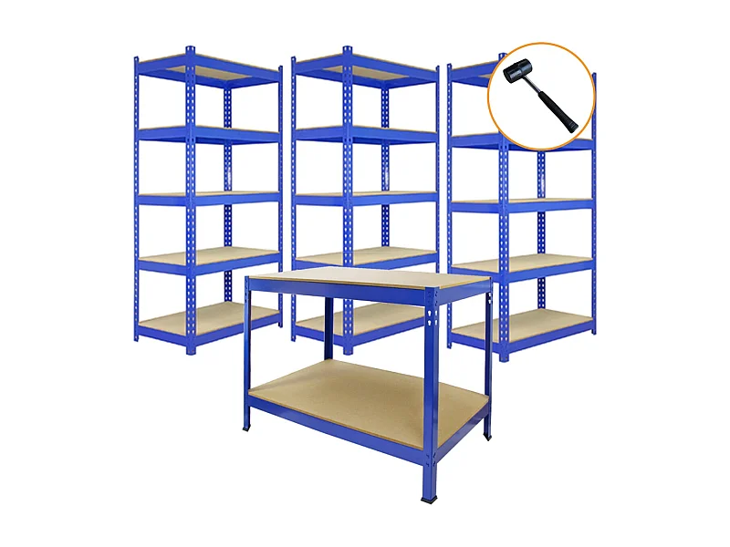 Scaffale da Garage ad Incastro Q-Rax - Blu - 2 Scaffali da 90cm e 3 Scaffali da 120cm con Martello