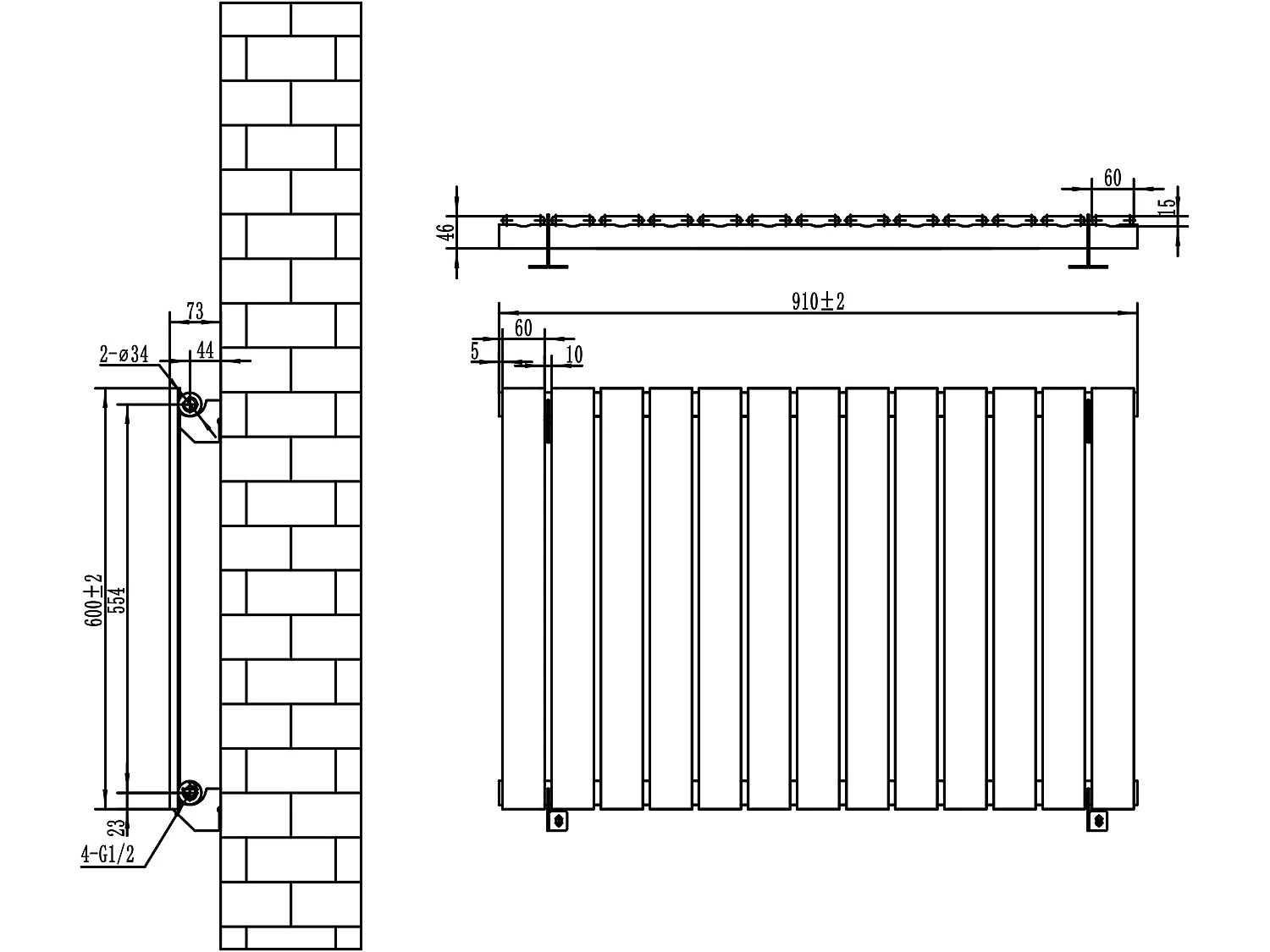 Flat enkeltsøyle-radiator - 600 x 910 mm - antrasittgrå