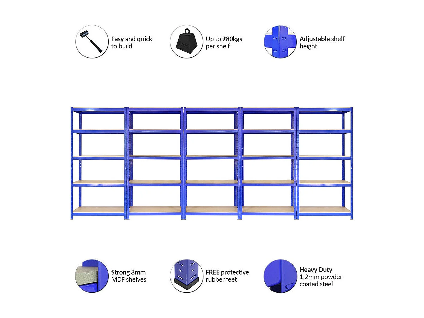 Scaffale da Garage ad Incastro T-Rax - Blu - 90cm x 45cm - 5 Pezzi con Martello e Connettori