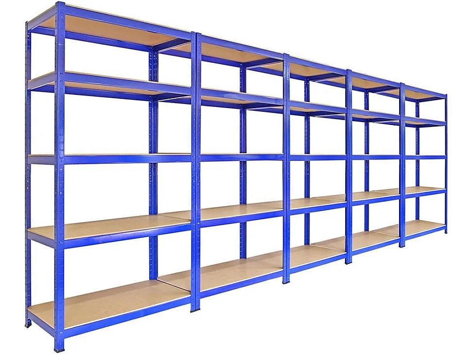 5 Rayonnages T-Rax Acier Sans Boulons Bleus 90cm x 45cm x 180cm Capacité 4200KG