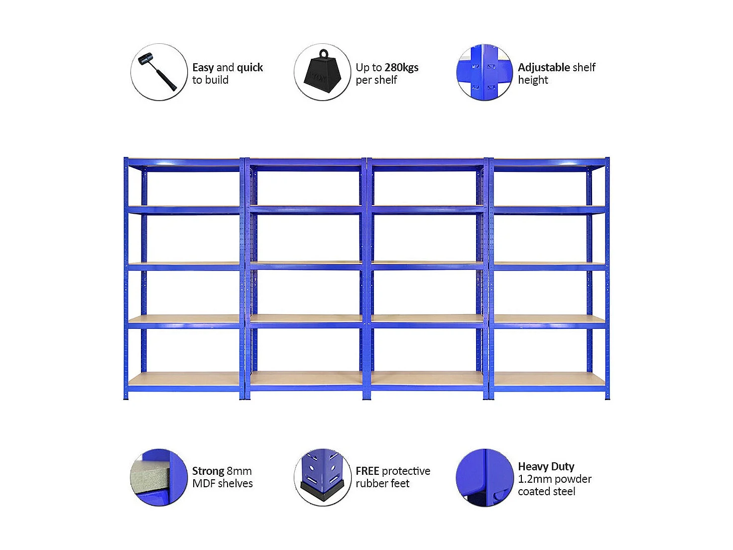 Scaffale da Garage ad Incastro T-Rax - Blu - 90cm x 45cm - 4 Pezzi con Martello e Connettori
