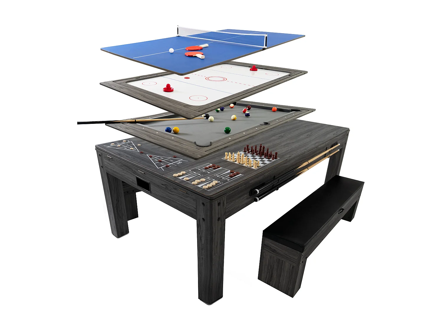 Mesa Multijuego 7 en 1 Billar Ping Pong Air Hockey Ajedrez con Accesorios