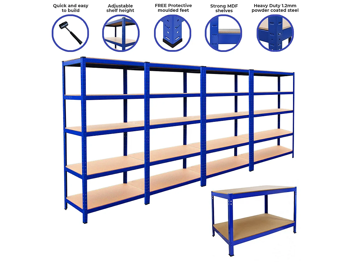 4x T-Rax Lagerregal 90cm Blau & Q-Rax Werkbank 120cm Blau im Set