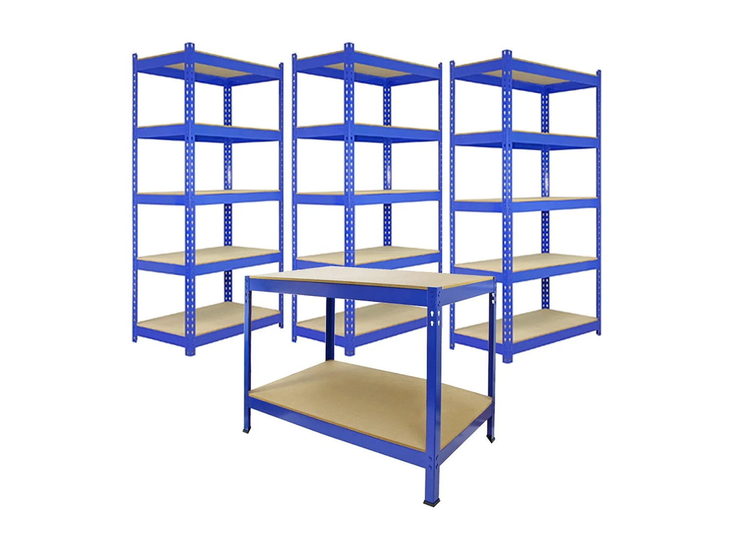 Scaffale da Garage ad Incastro Q-Rax - Blu - 90cm x 50cm - 3 Pezzi con Banco da lavoro da 120 cm