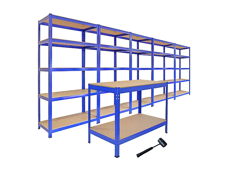Scaffale da Garage ad Incastro T-Rax - Blu - 75cm x 30cm - 5 Pezzi con Banco da Lavoro Q-rax