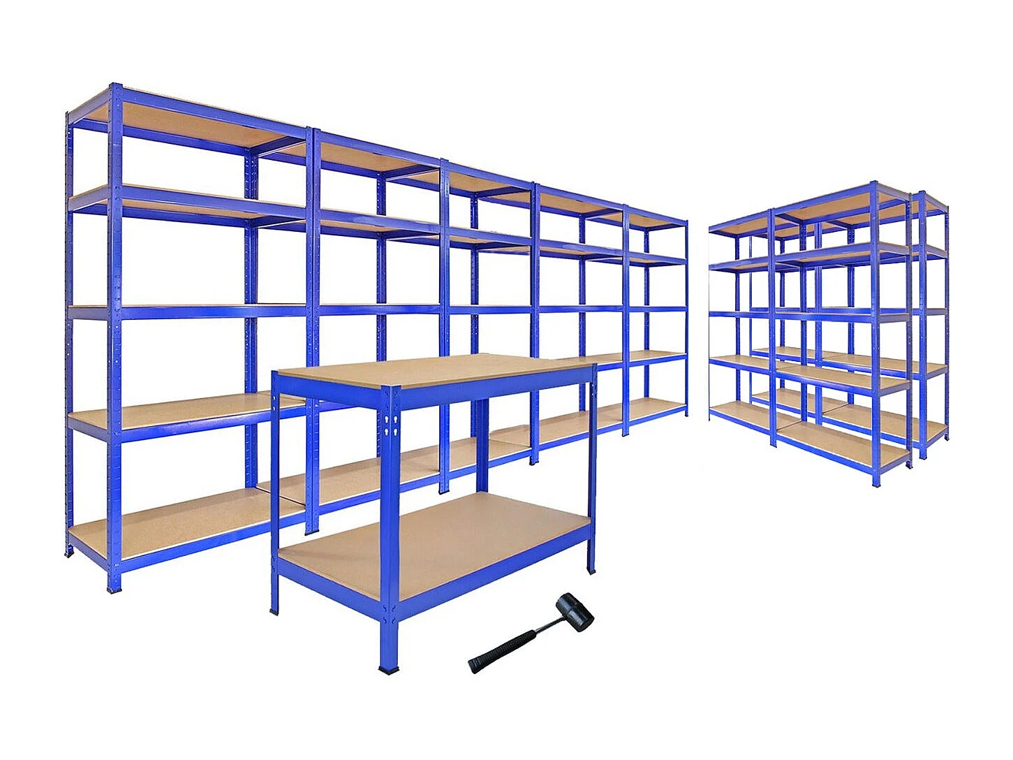 Scaffale da Garage ad Incastro T-Rax - Blu - 5 x 75cm - 2 x 90cm - 1 x Banco da Lavoro Q-Rax e Martello