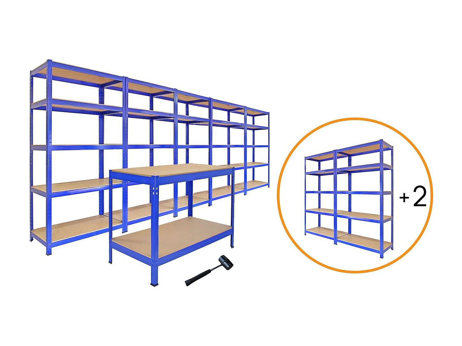 Scaffale da Garage ad Incastro T-Rax - Blu - 5 x 75cm - 2 x 90cm - 1 x Banco da Lavoro Q-Rax e Martello