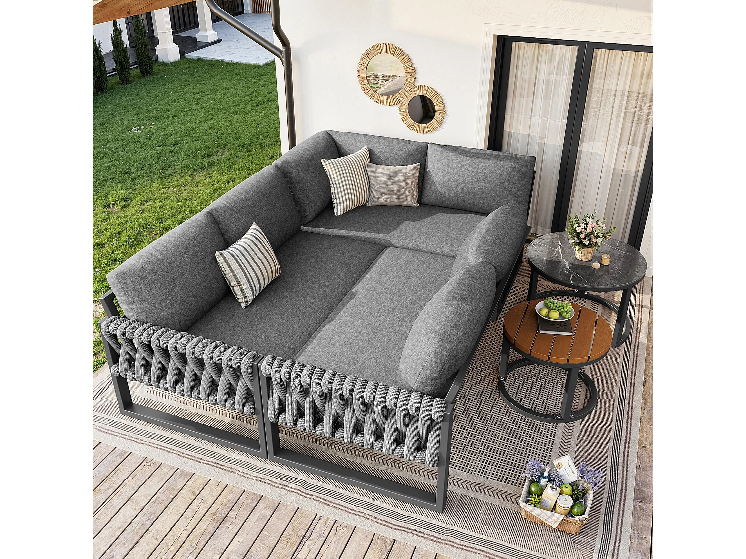 Ensemble de mobilier salon de jardin pour 5 à 6 personnes - avec tables + canapés + coussins d'assise + dossier - métal - gris