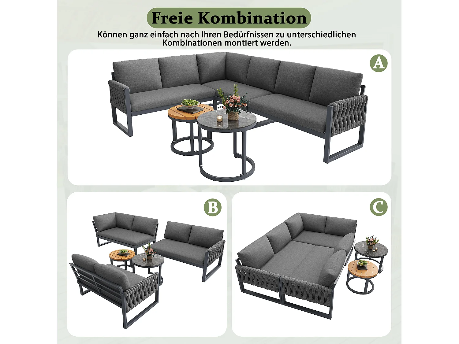 Ensemble de mobilier salon de jardin pour 5 à 6 personnes - avec tables + canapés + coussins d'assise + dossier - métal - gris