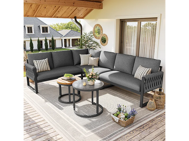 Ensemble de mobilier salon de jardin pour 5 à 6 personnes - avec tables + canapés + coussins d'assise + dossier - métal - gris