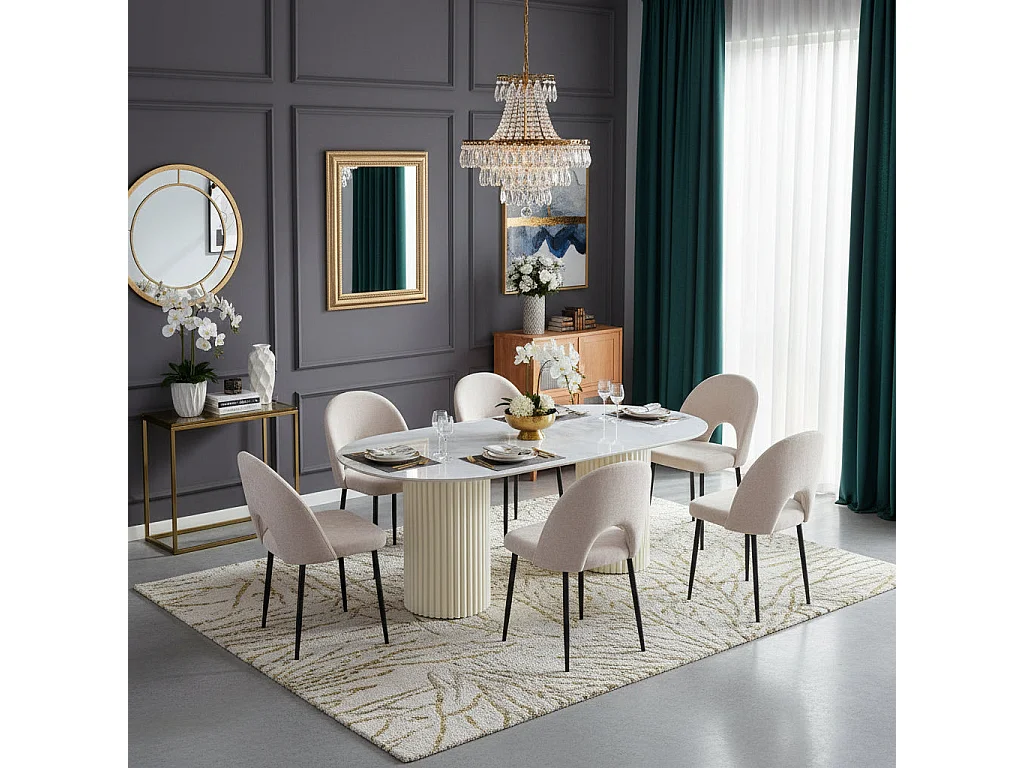 Table à manger céramique marbré moka 180x90 cm pieds beiges – KEYSHA