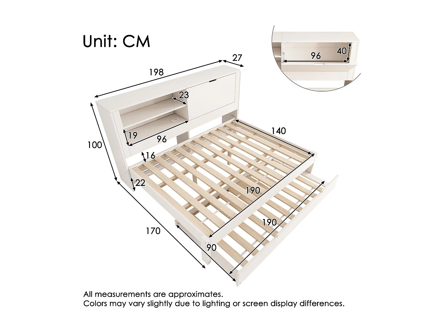 Canapé-lit 140 x 190 cm avec lit gigogne 90 x 190 cm - avec étagère + porte + panneau arrière de rangement + USB - bois - blanc