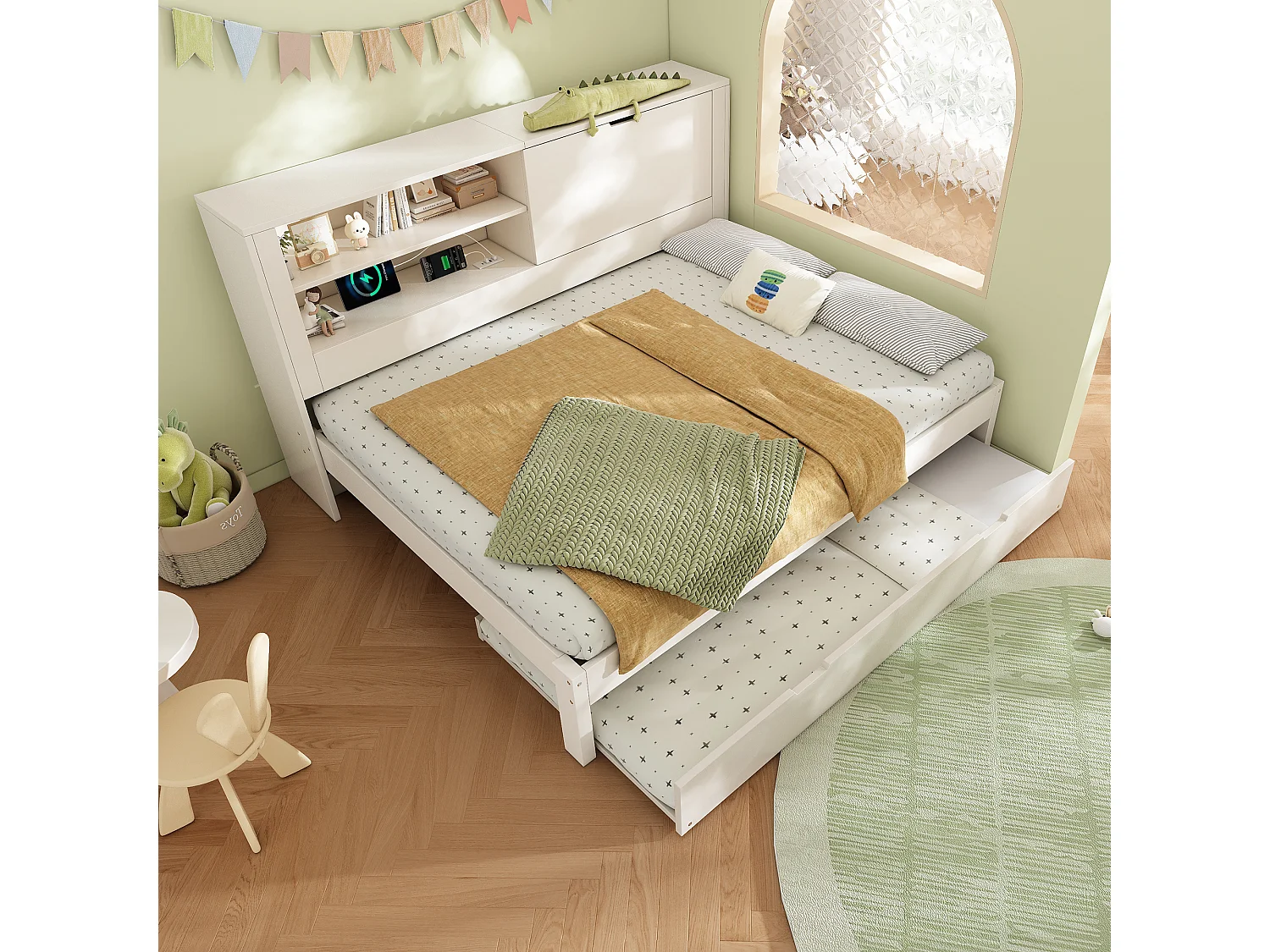 Canapé-lit 140 x 190 cm avec lit gigogne 90 x 190 cm - avec étagère + porte + panneau arrière de rangement + USB - bois - blanc