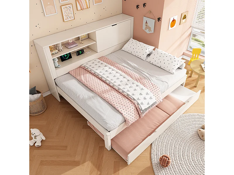 Canapé-lit 140 x 190 cm avec lit gigogne 90 x 190 cm - avec étagère + porte + panneau arrière de rangement + USB - bois - blanc