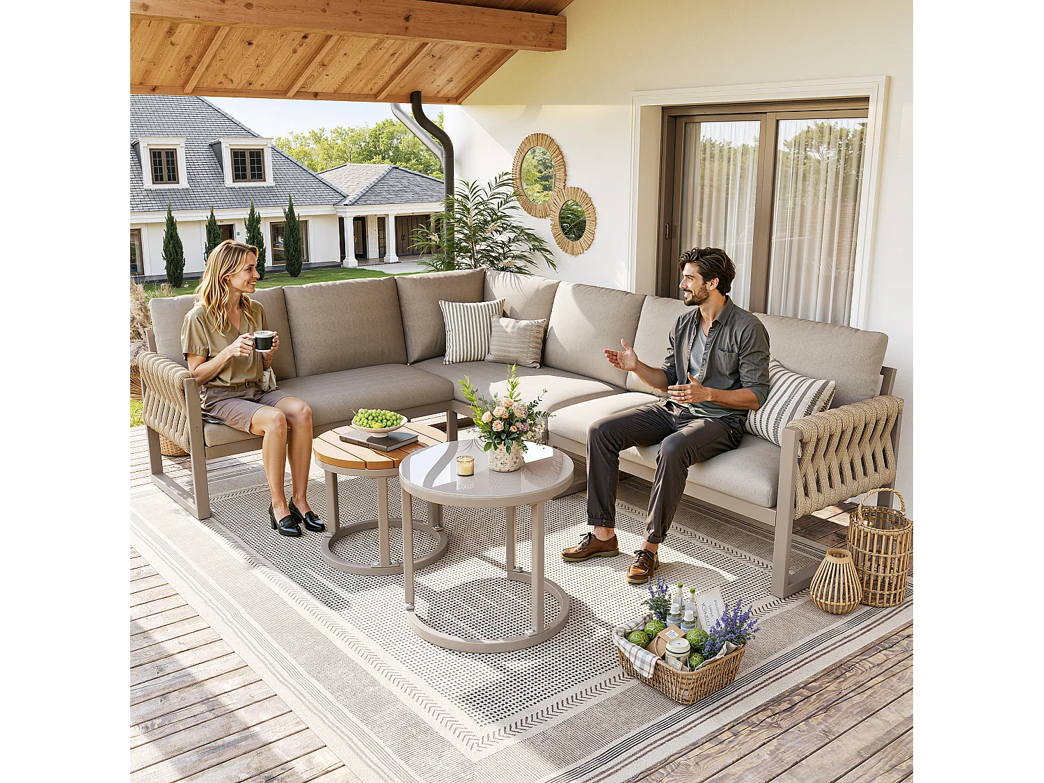 Ensemble de mobilier salon de jardin pour 5 à 6 personnes - avec tables + canapés + coussins d'assise + dossier - métal - beige
