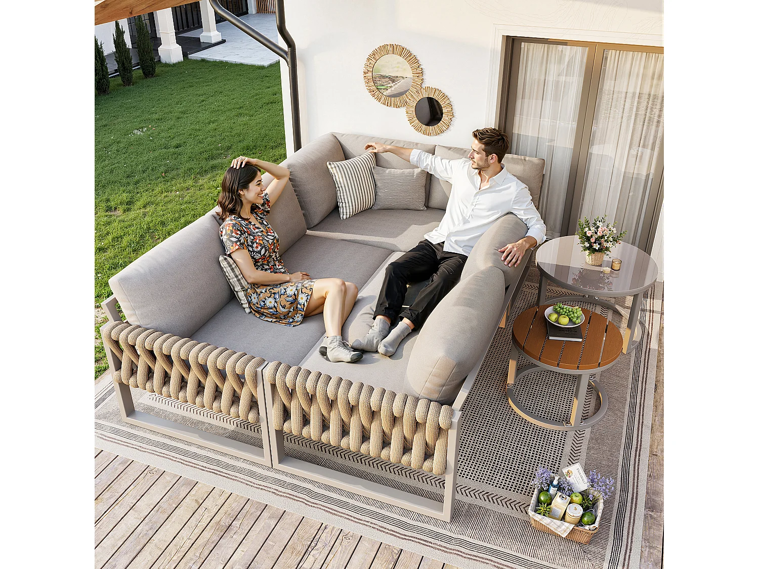 Ensemble de mobilier salon de jardin pour 5 à 6 personnes - avec tables + canapés + coussins d'assise + dossier - métal - beige