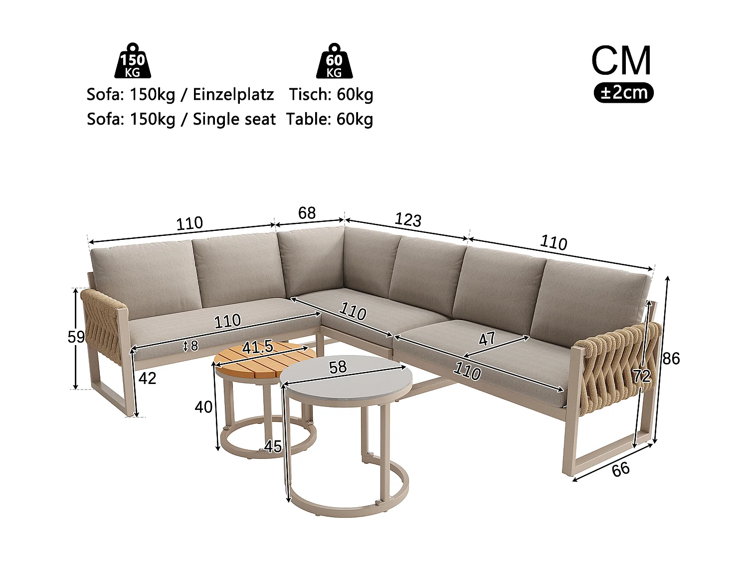 Ensemble de mobilier salon de jardin pour 5 à 6 personnes - avec tables + canapés + coussins d'assise + dossier - métal - beige