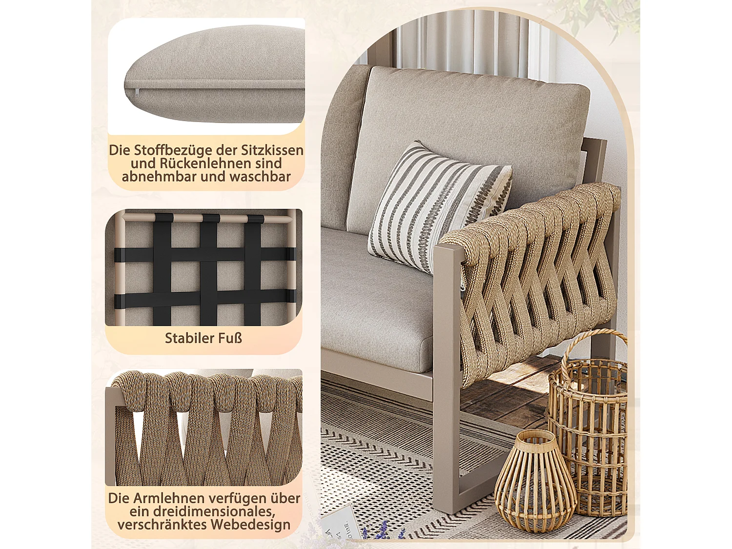 Ensemble de mobilier salon de jardin pour 5 à 6 personnes - avec tables + canapés + coussins d'assise + dossier - métal - beige