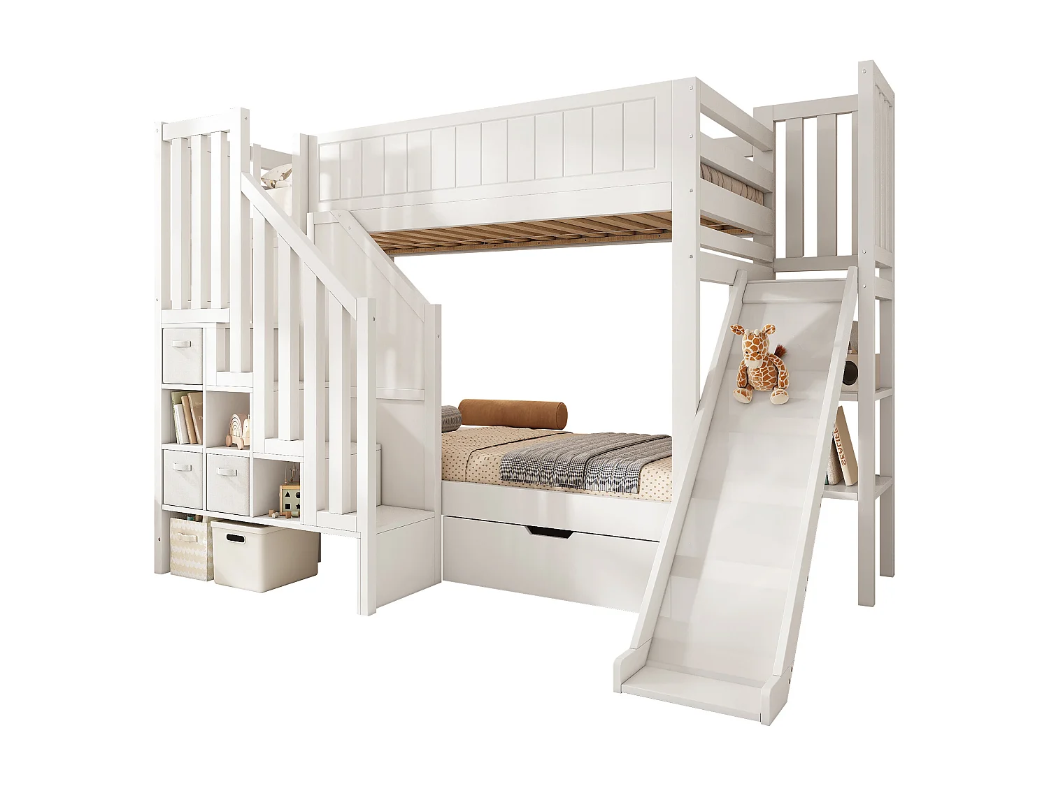 Litera infantil - 2 x 90 x 200 cm - con tobogán + cajones + estantes + escalera de almacenaje - madera - blanco