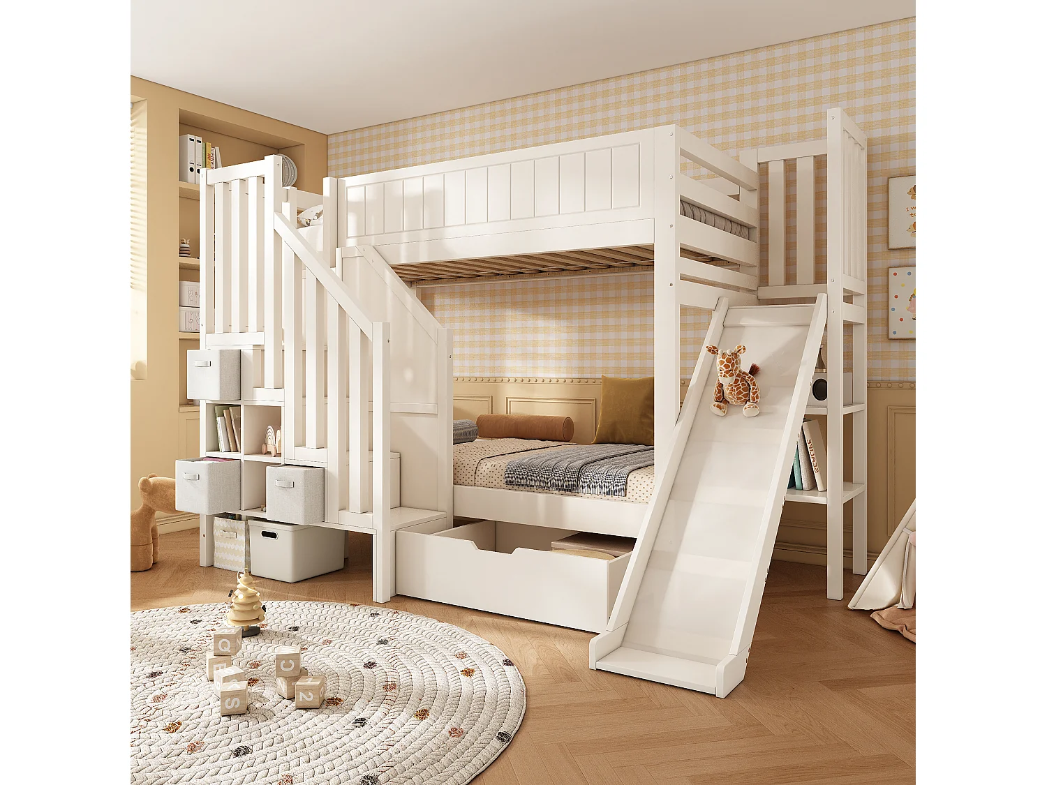 Litera infantil - 2 x 90 x 200 cm - con tobogán + cajones + estantes + escalera de almacenaje - madera - blanco