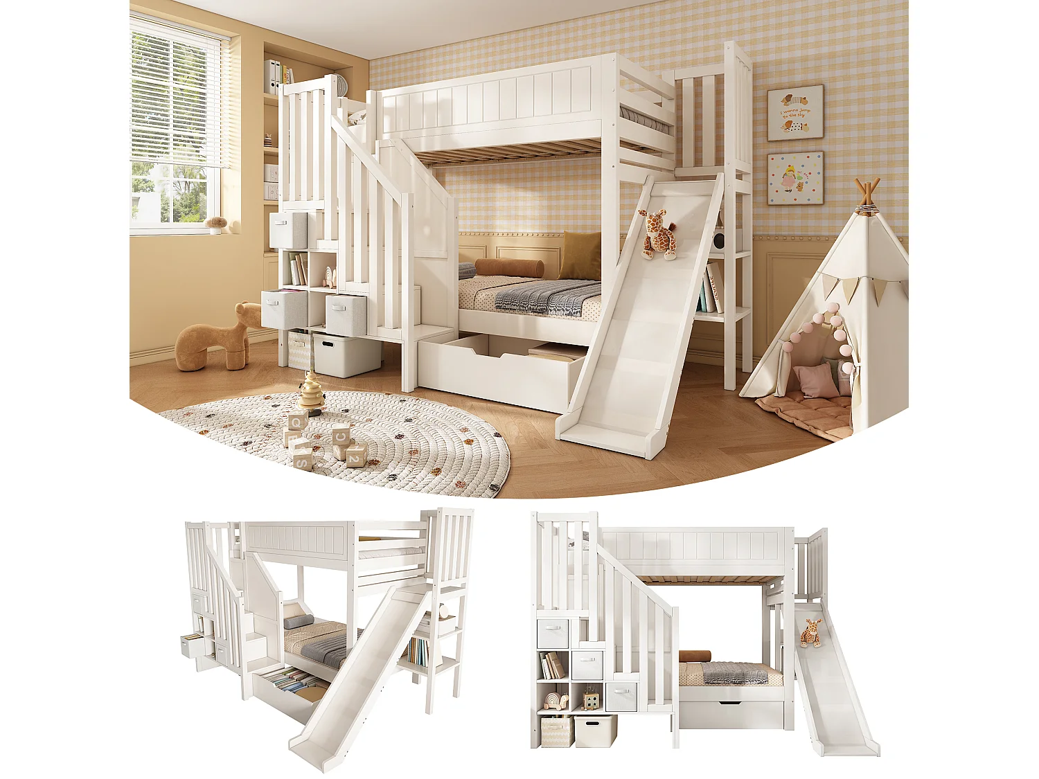 Letto a castello per bambini - 2 x 90 x 200 cm - con scivolo + cassetti + ripiani + scaletta portaoggetti - legno - bianco