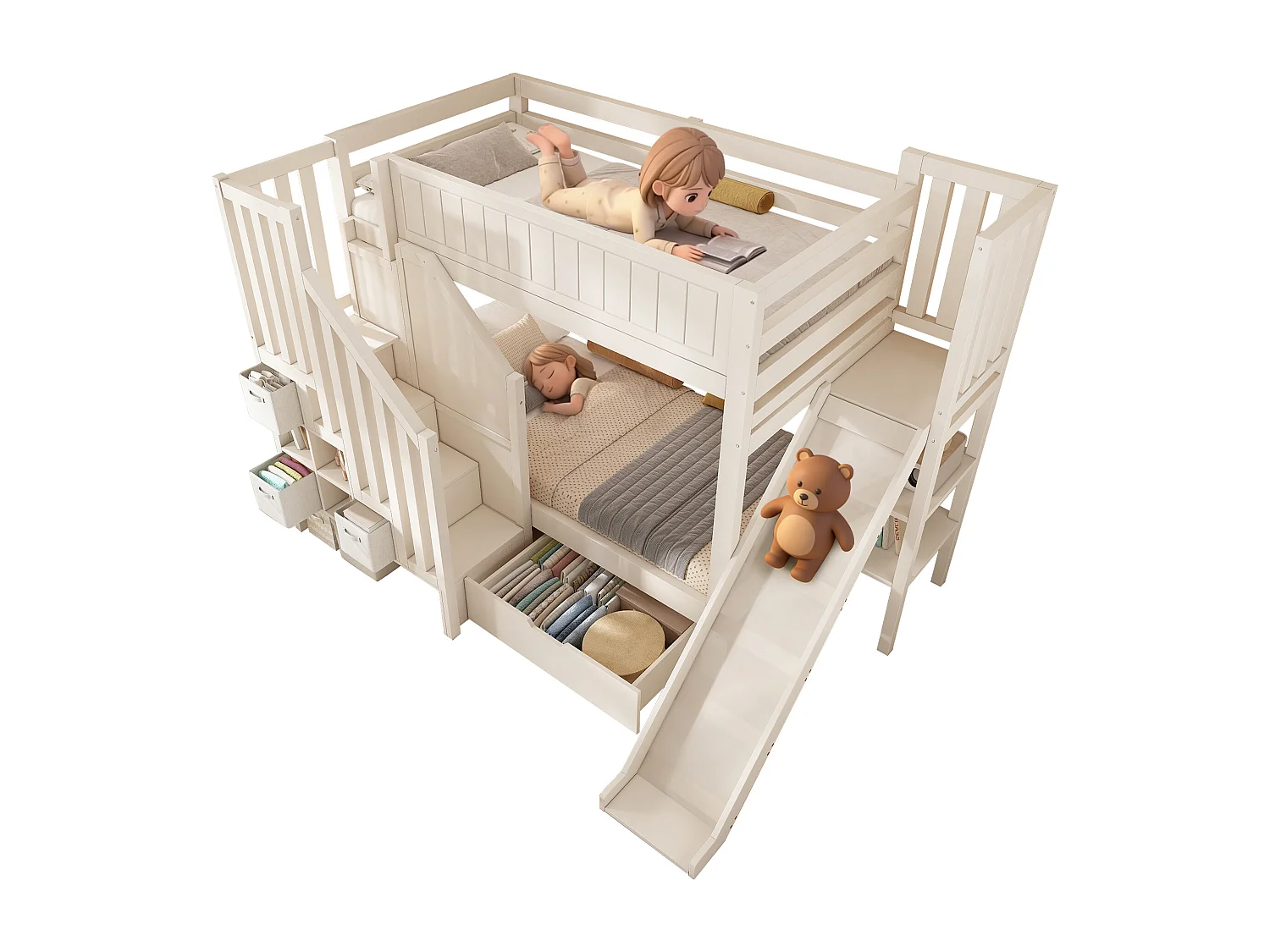 Letto a castello per bambini - 2 x 90 x 200 cm - con scivolo + cassetti + ripiani + scaletta portaoggetti - legno - bianco