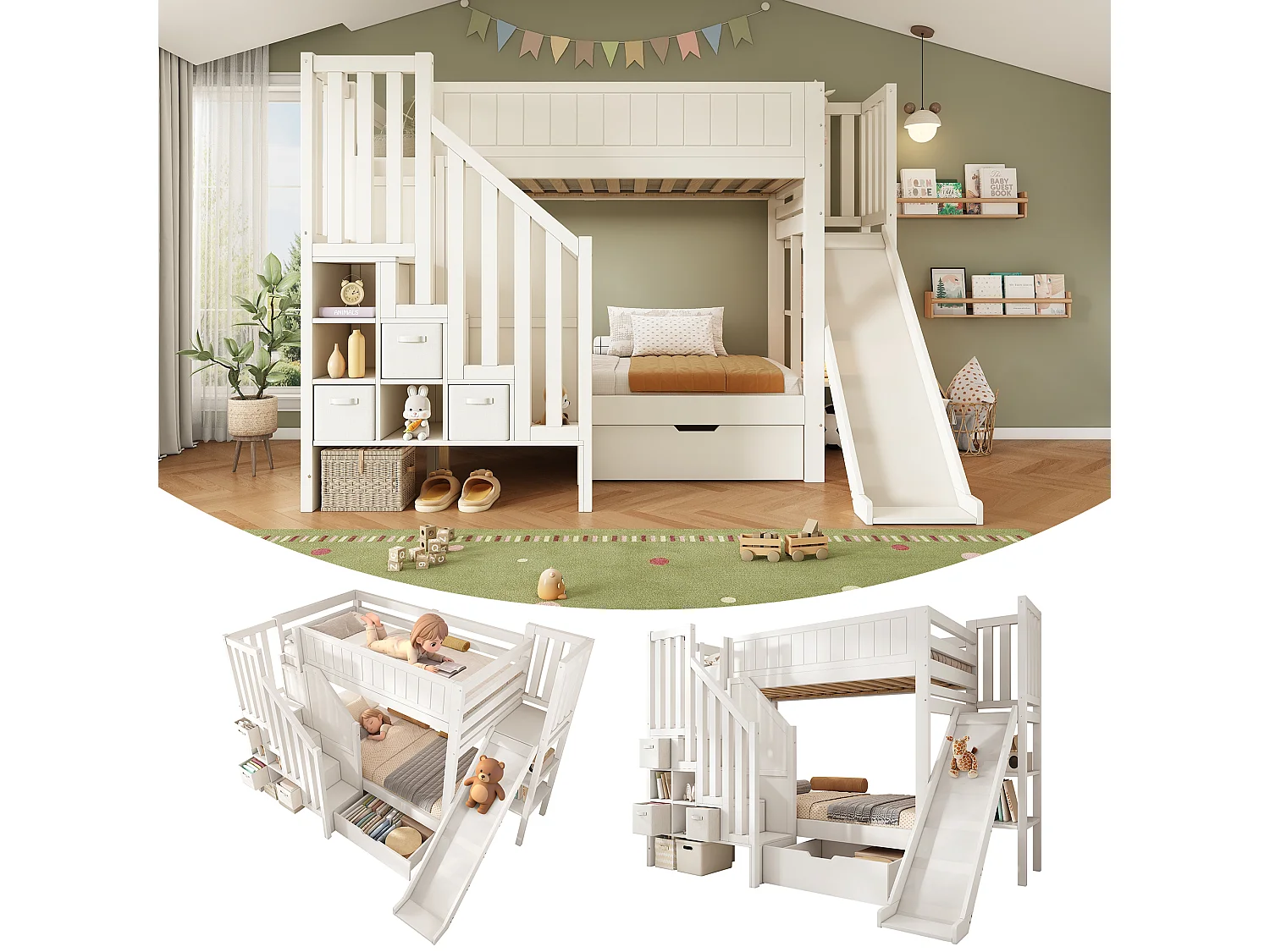 Letto a castello per bambini - 2 x 90 x 200 cm - con scivolo + cassetti + ripiani + scaletta portaoggetti - legno - bianco