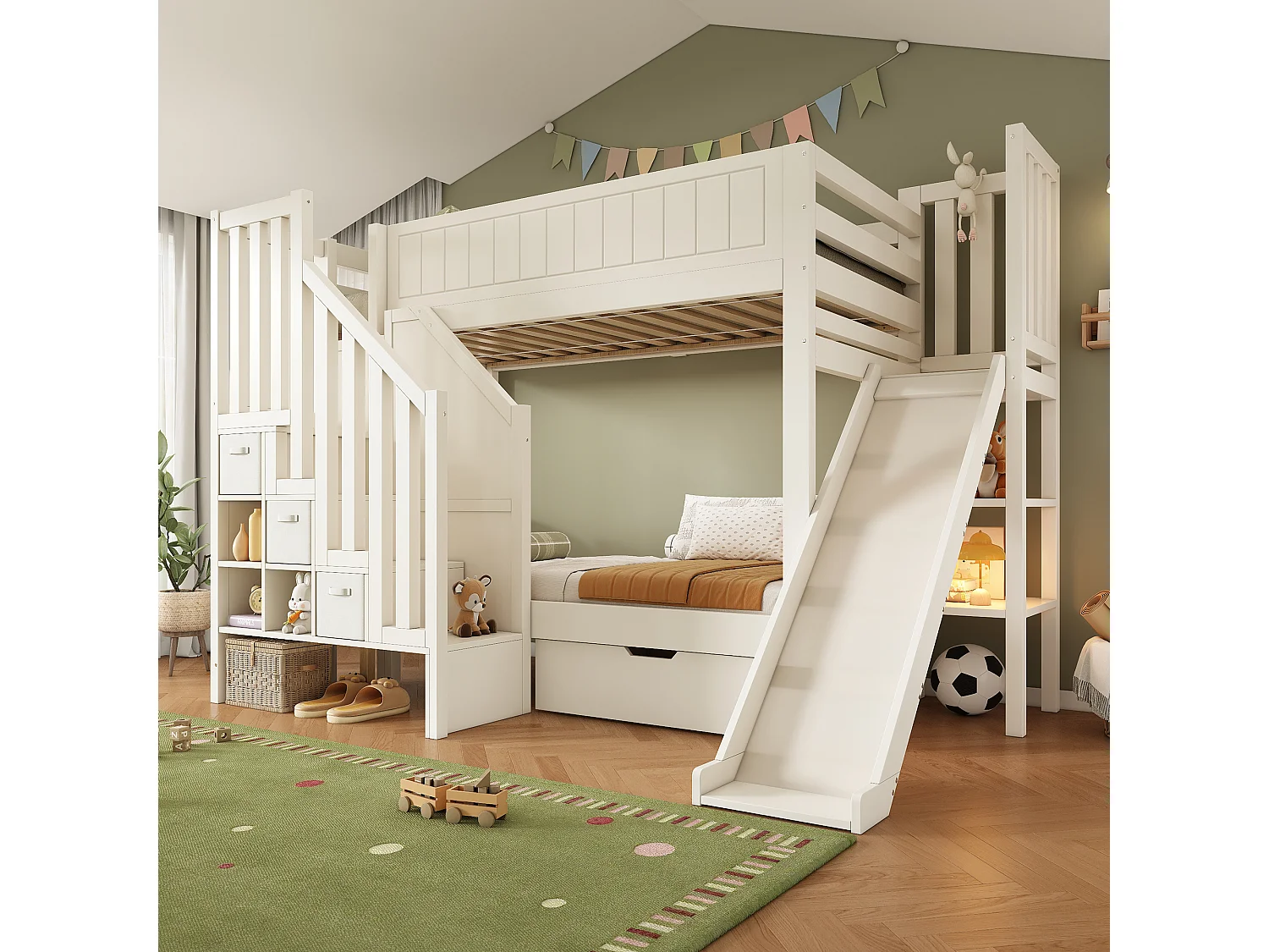 Letto a castello per bambini - 2 x 90 x 200 cm - con scivolo + cassetti + ripiani + scaletta portaoggetti - legno - bianco