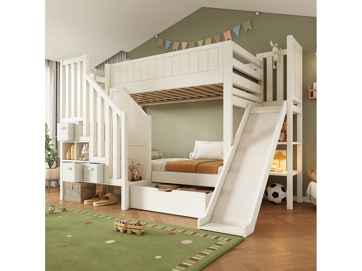 Letto a castello per bambini - 2 x 90 x 200 cm - con scivolo + cassetti + ripiani + scaletta portaoggetti - legno - bianco