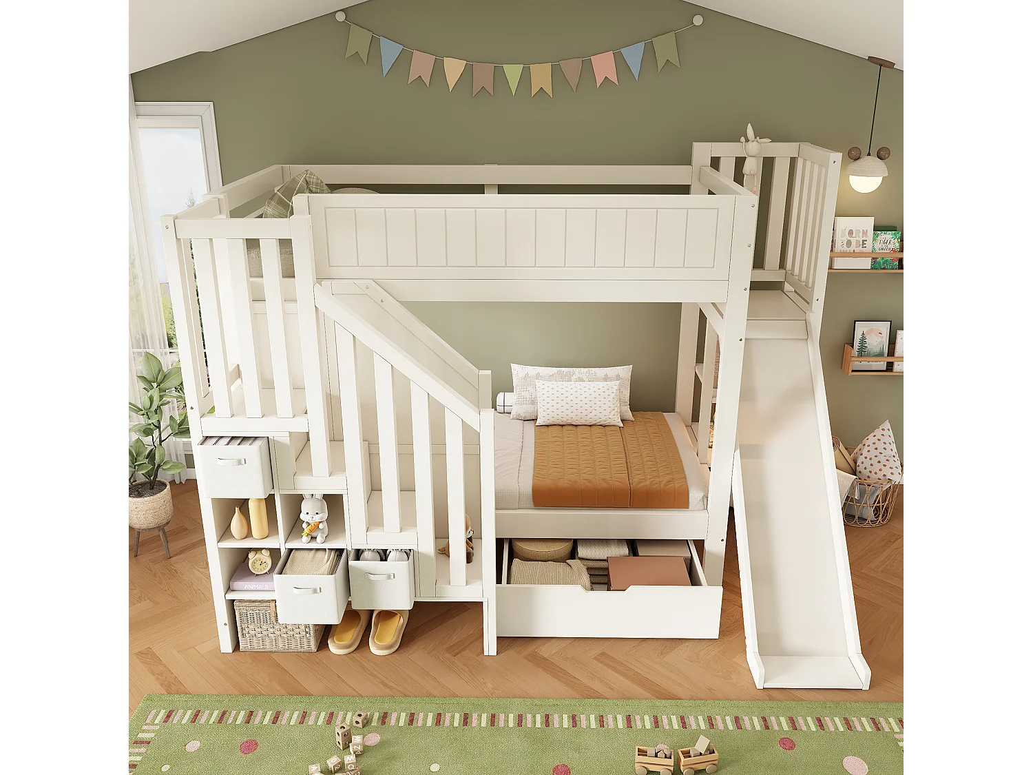 Letto a castello per bambini - 2 x 90 x 200 cm - con scivolo + cassetti + ripiani + scaletta portaoggetti - legno - bianco