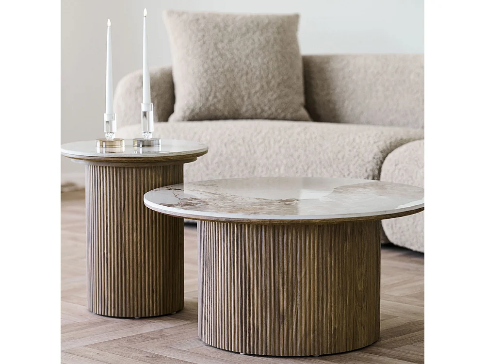 Athens - Table basse ronde effet marbre et bois ø80cm - Marbre blanc