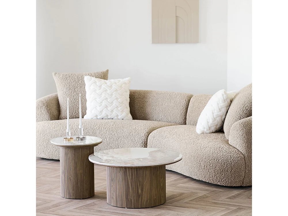 Athens - Table basse ronde effet marbre et bois ø80cm - Marbre blanc