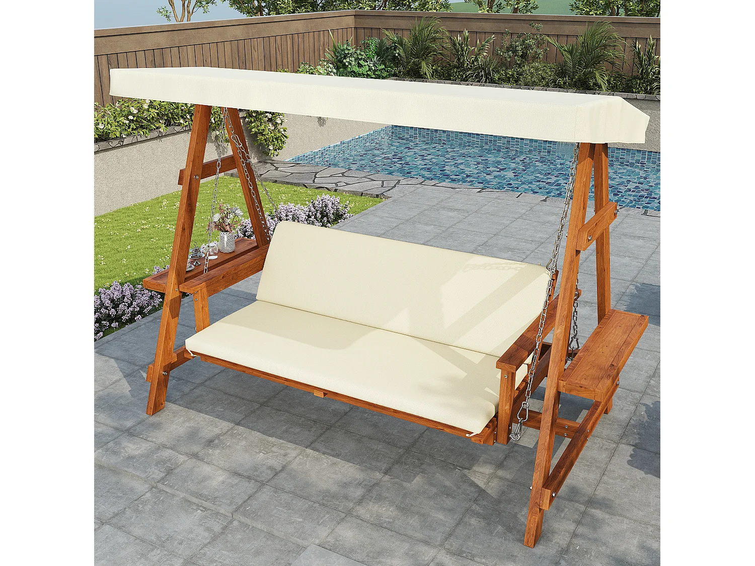 Balançoire mobilier de jardin robuste - avec coussins + toit - pour jardin et terrasse - bois - naturel