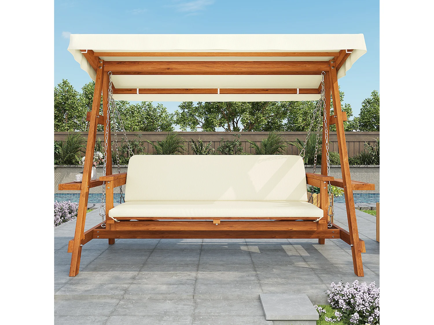 Balançoire mobilier de jardin robuste - avec coussins + toit - pour jardin et terrasse - bois - naturel