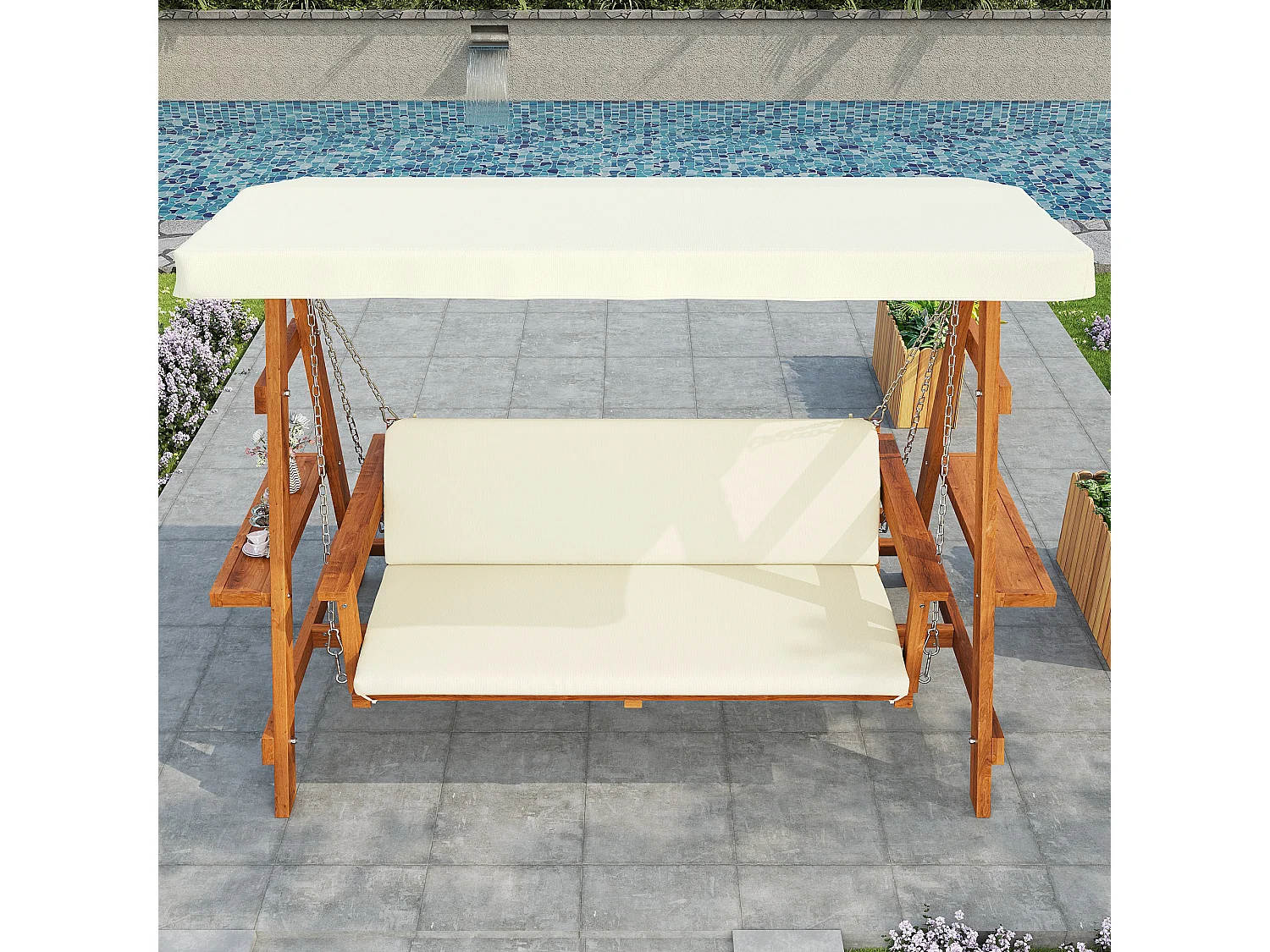 Balançoire mobilier de jardin robuste - avec coussins + toit - pour jardin et terrasse - bois - naturel