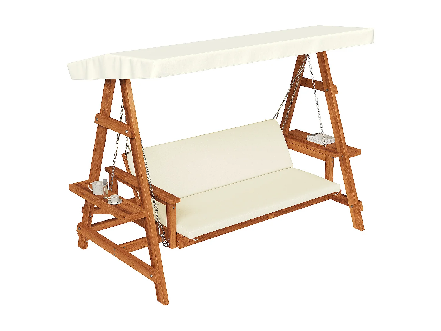 Balançoire mobilier de jardin robuste - avec coussins + toit - pour jardin et terrasse - bois - naturel