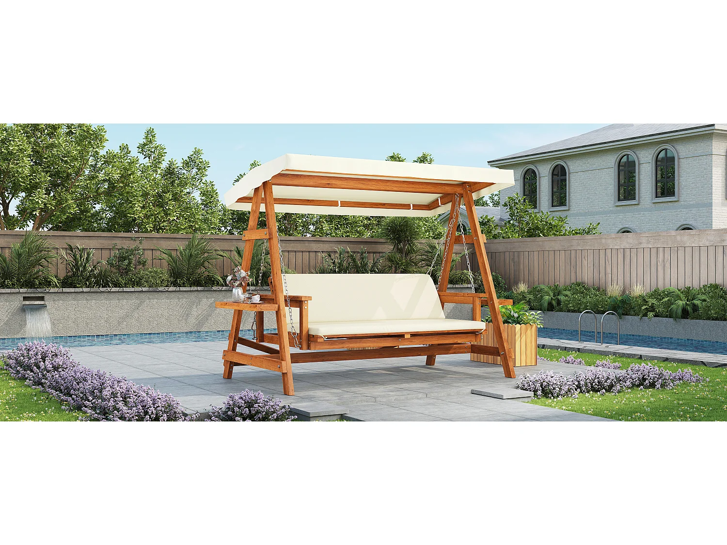 Balançoire mobilier de jardin robuste - avec coussins + toit - pour jardin et terrasse - bois - naturel