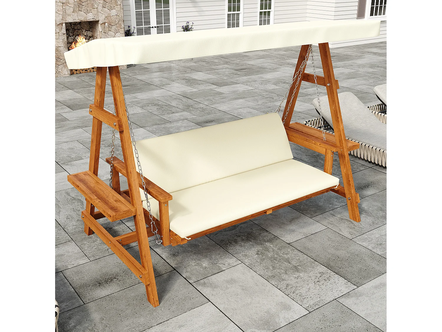 Balançoire mobilier de jardin robuste - avec coussins + toit - pour jardin et terrasse - bois - naturel