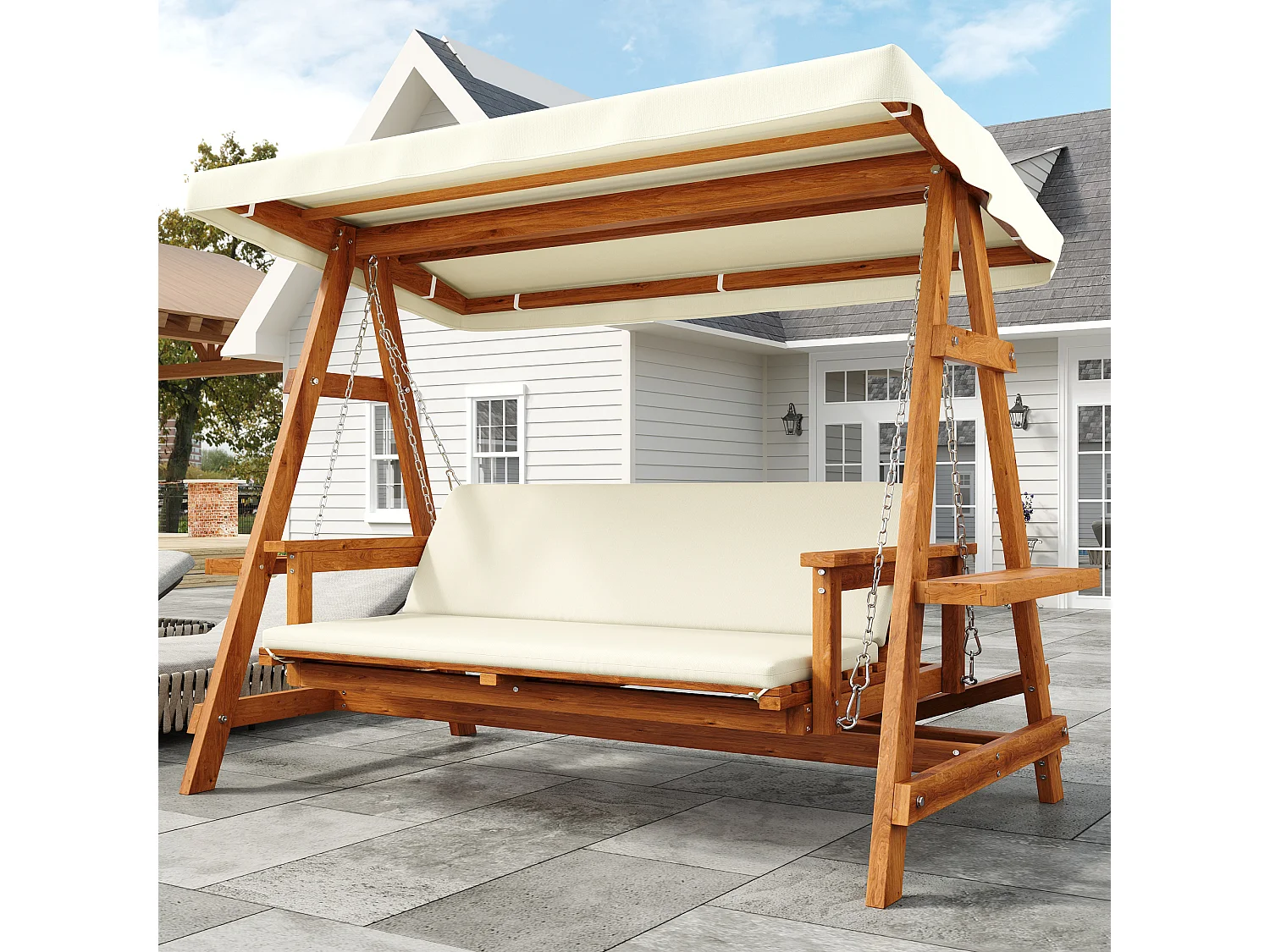 Balançoire mobilier de jardin robuste - avec coussins + toit - pour jardin et terrasse - bois - naturel