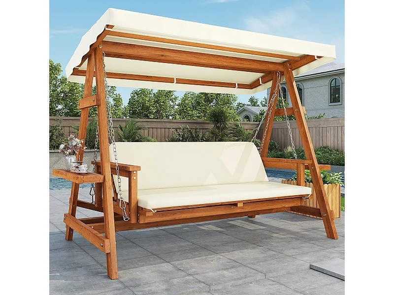 Balançoire mobilier de jardin robuste - avec coussins + toit - pour jardin et terrasse - bois - naturel