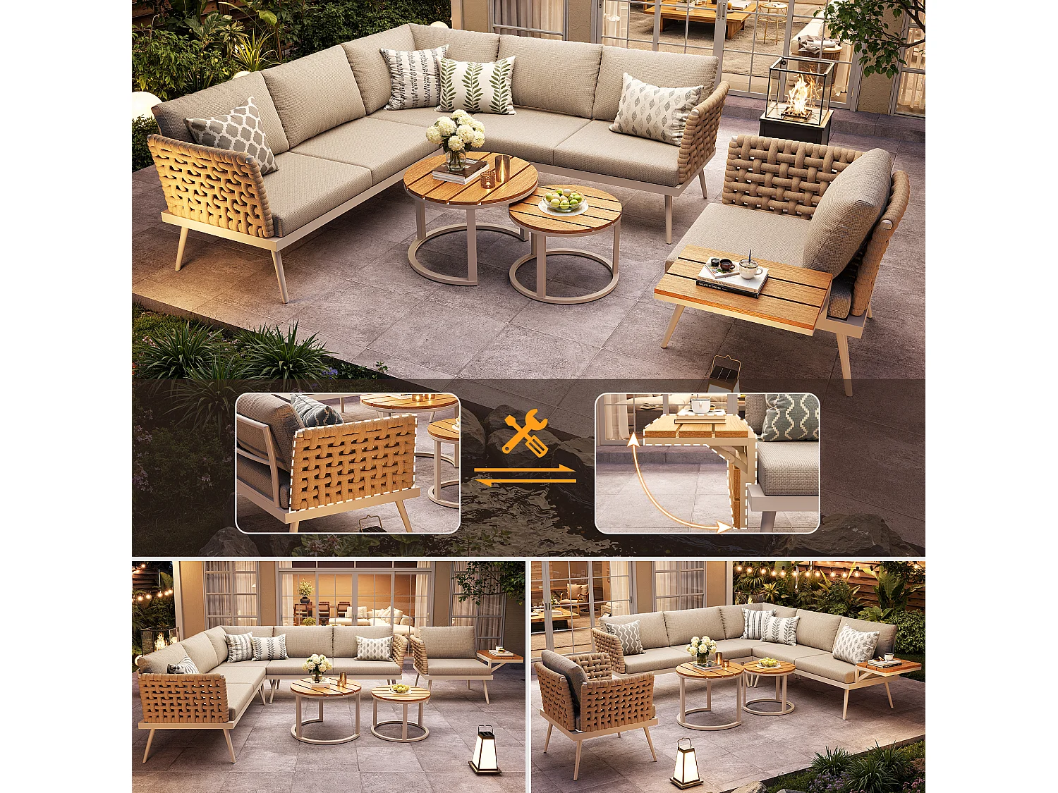 Tuinset voor 6 personen - bank met handgeweven armleuningen + fauteuil + 2 tafels + kussens - metaal - beige