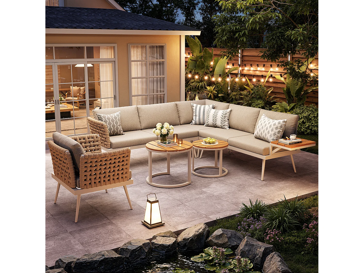 Tuinset voor 6 personen - bank met handgeweven armleuningen + fauteuil + 2 tafels + kussens - metaal - beige