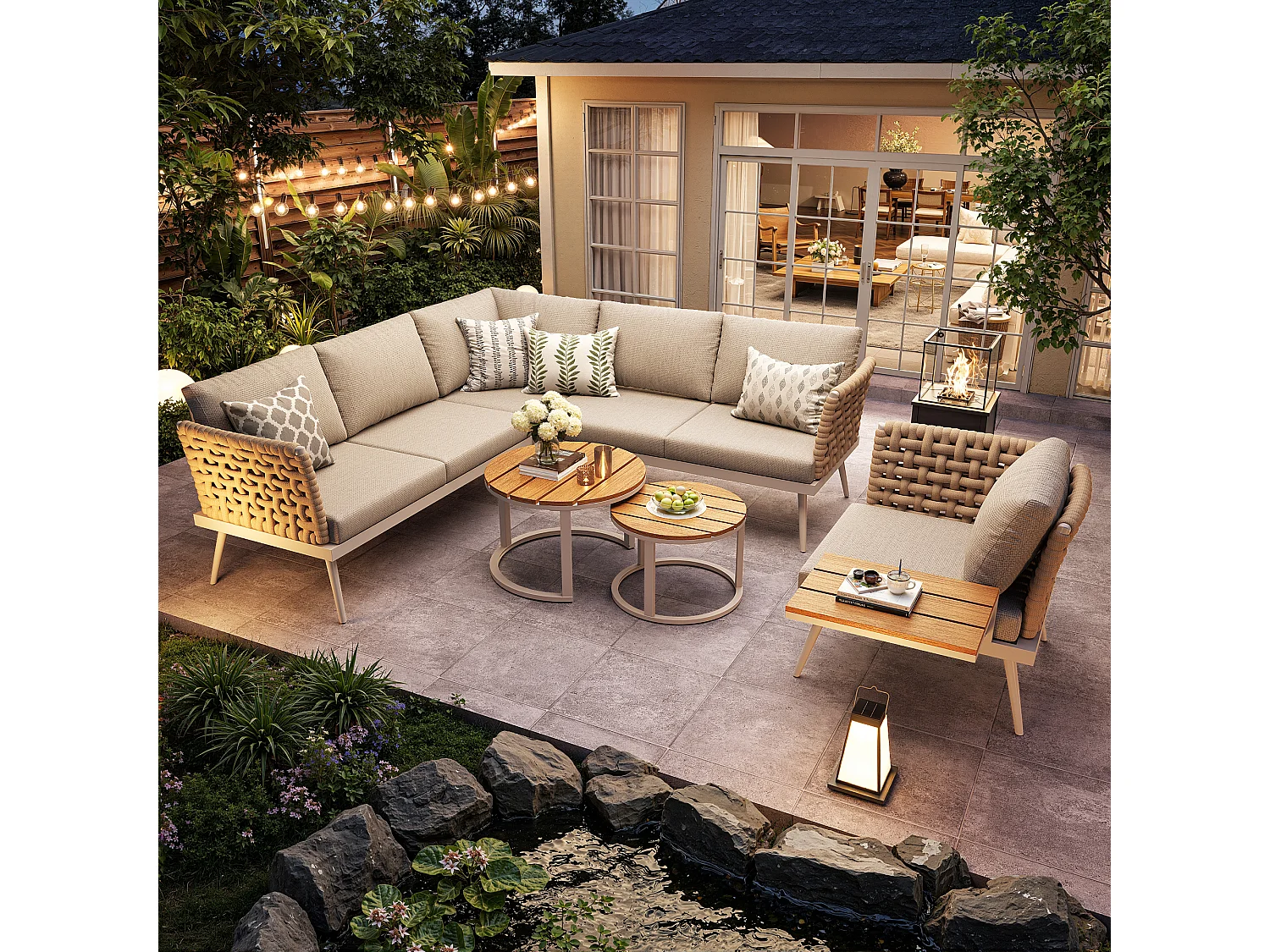 Tuinset voor 6 personen - bank met handgeweven armleuningen + fauteuil + 2 tafels + kussens - metaal - beige