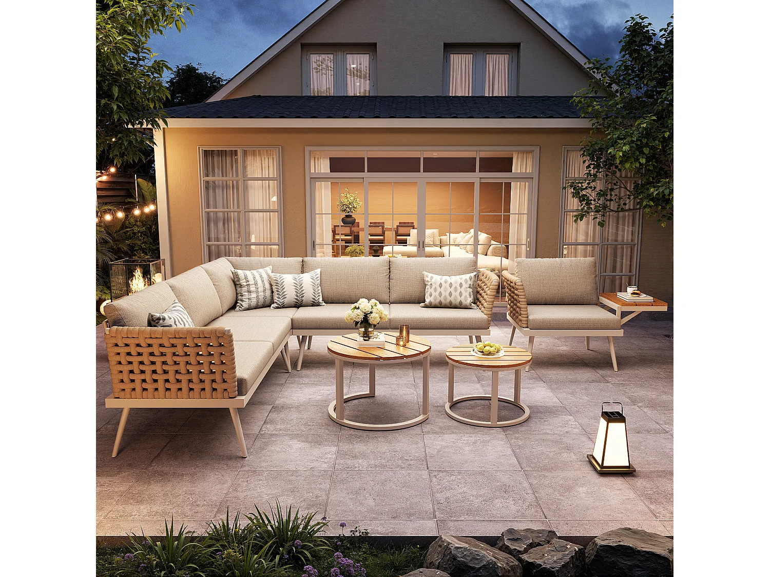 Tuinset voor 6 personen - bank met handgeweven armleuningen + fauteuil + 2 tafels + kussens - metaal - beige