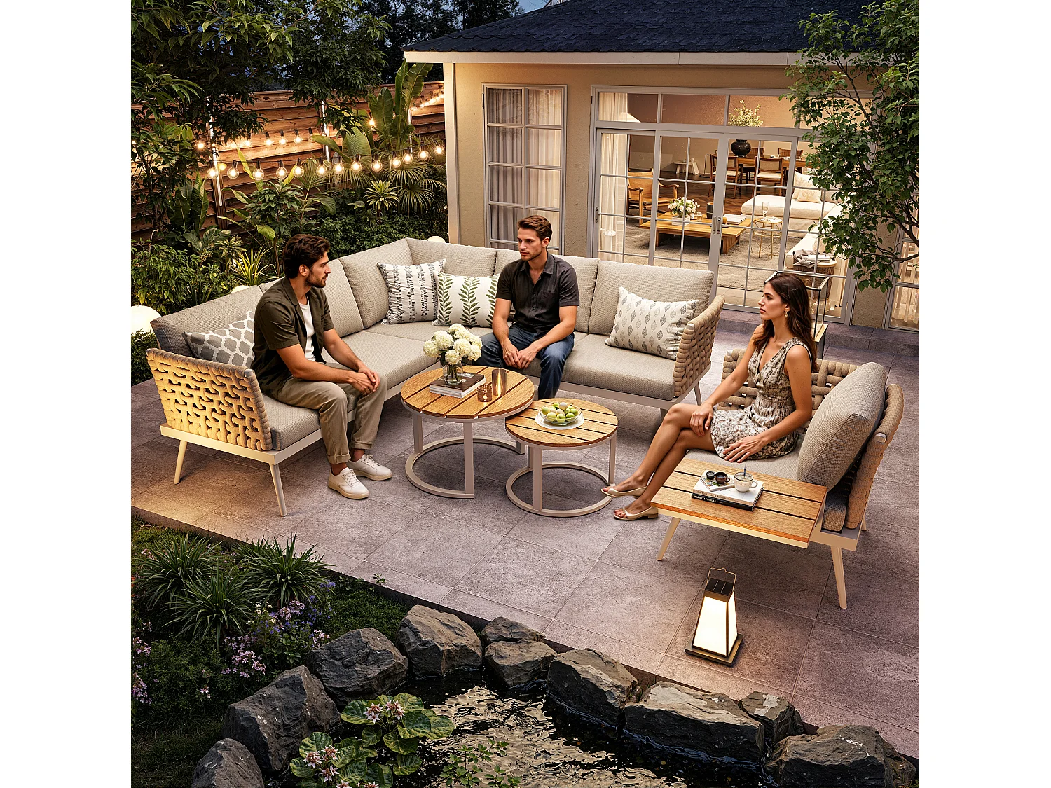 Tuinset voor 6 personen - bank met handgeweven armleuningen + fauteuil + 2 tafels + kussens - metaal - beige