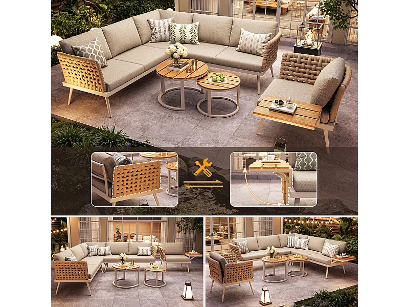 Ensemble salon de jardin pour 6 personnes - canapé avec ccoudoirs tressés à la main + fauteuil + 2 tables + coussins - métal - beige