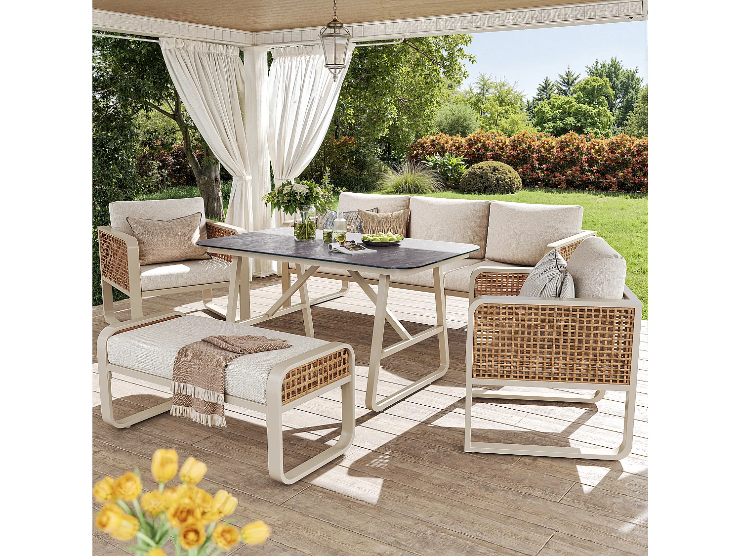 Ensemble salon de jardin pour 6 à 7 personnes - avec 1 table + 1 canapé avec coussins + 2 fauteils + 1 banc - métal - beige
