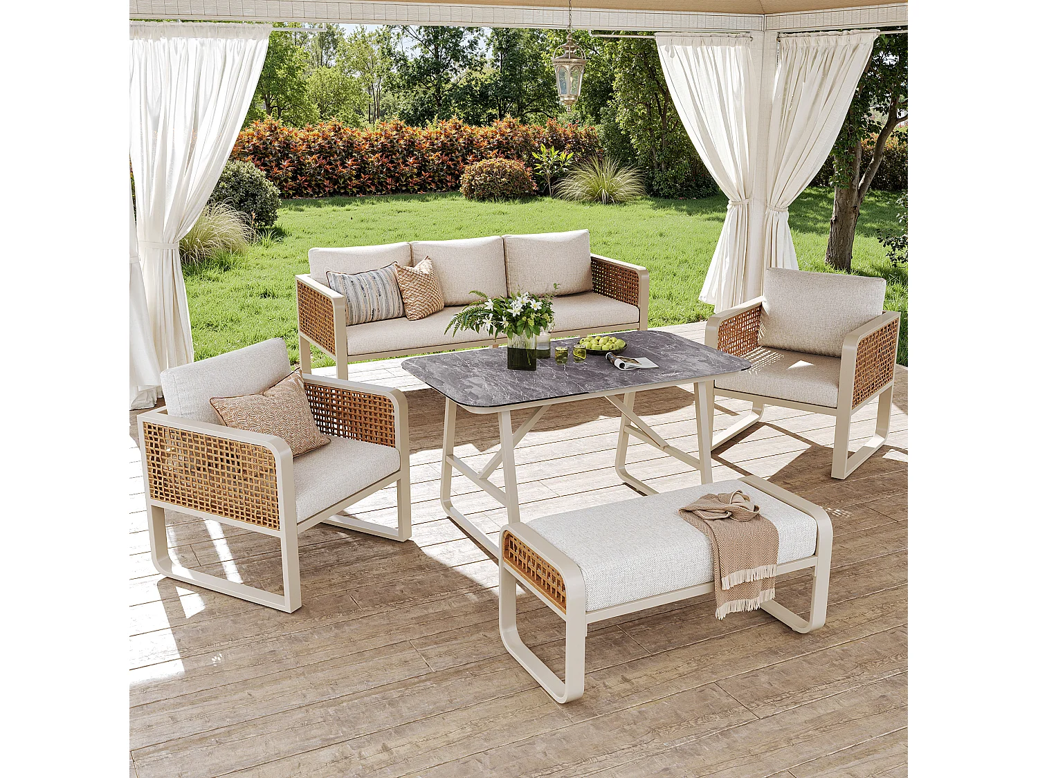 Ensemble salon de jardin pour 6 à 7 personnes - avec 1 table + 1 canapé avec coussins + 2 fauteils + 1 banc - métal - beige