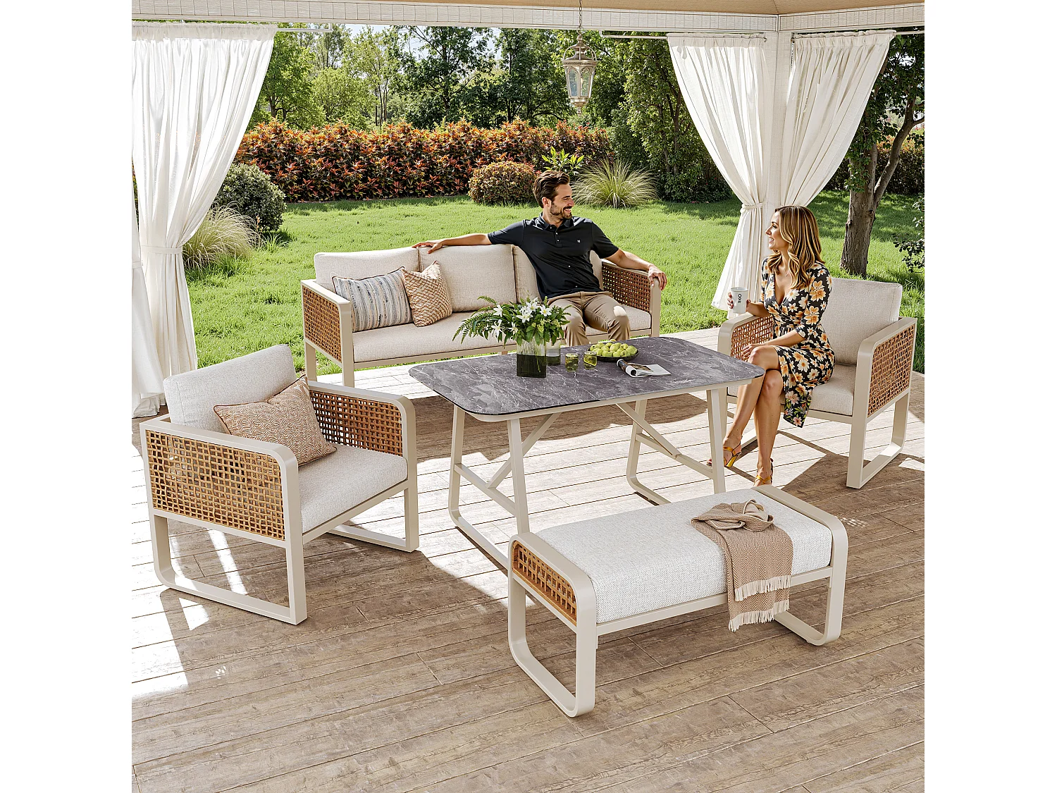 Ensemble salon de jardin pour 6 à 7 personnes - avec 1 table + 1 canapé avec coussins + 2 fauteils + 1 banc - métal - beige